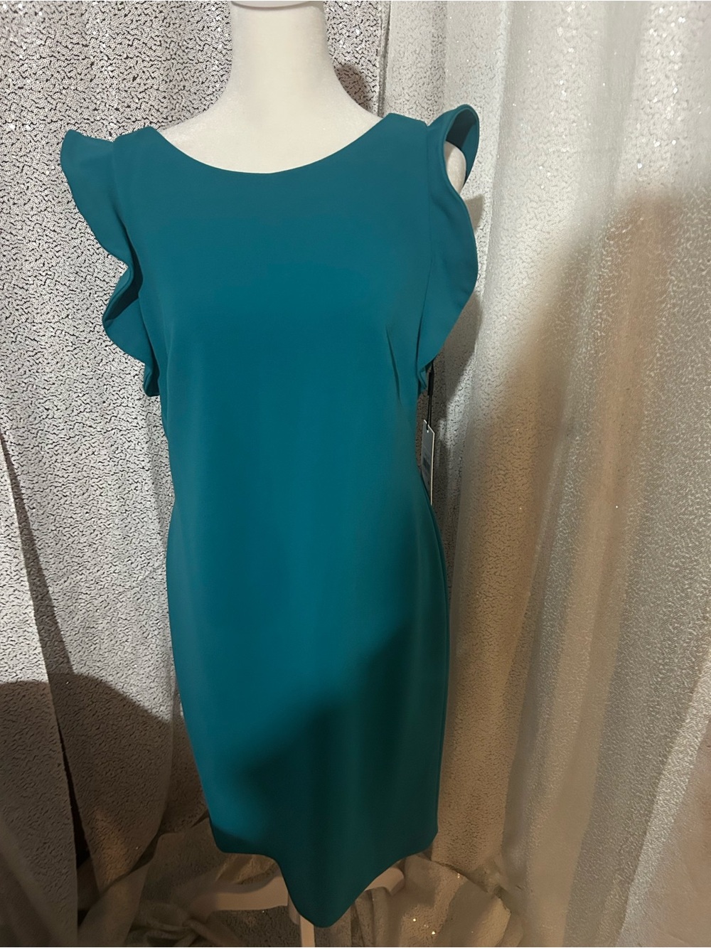 NWT Calvin Klein Teal Ruffle Sleeve Midi Sheath Dress